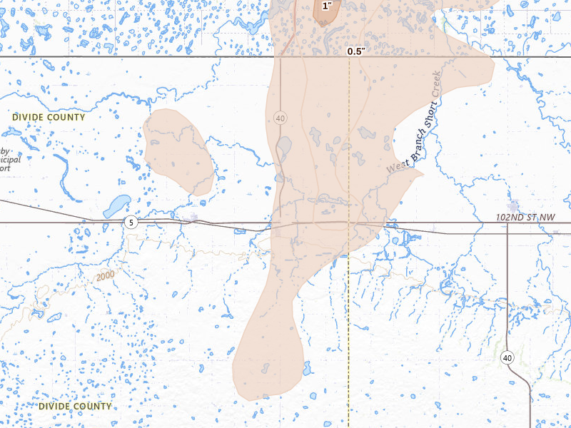Radar-estimated hail-size map of the storm over Noonan, ND on Jun 7, 2026