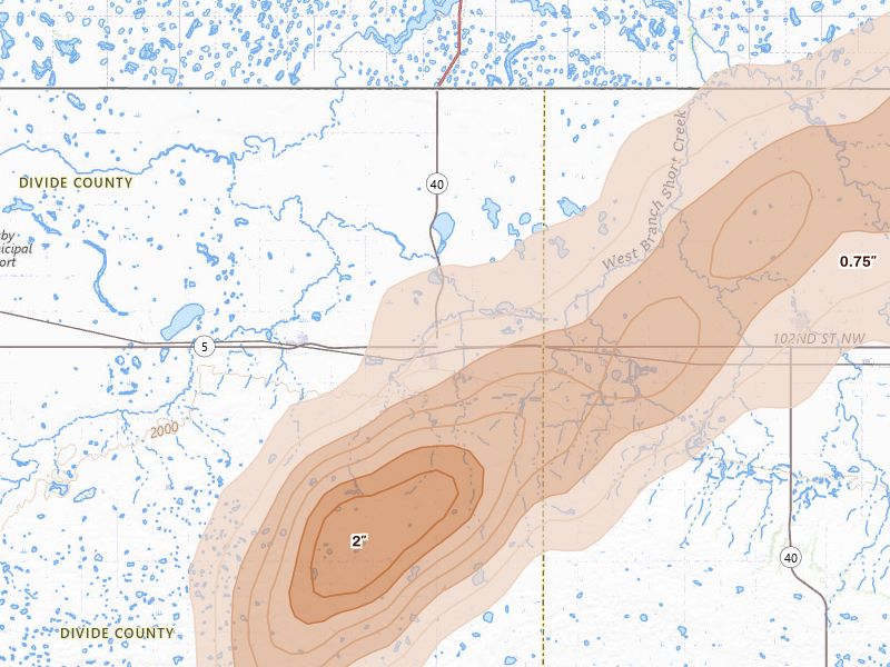 Radar-estimated hail-size map of the storm over Noonan, ND on Jun 9, 2026