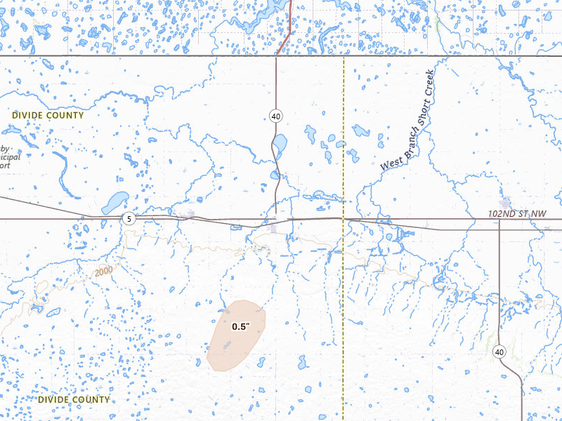 Radar-estimated hail-size map of the storm over Noonan, ND on Jun 22, 2026