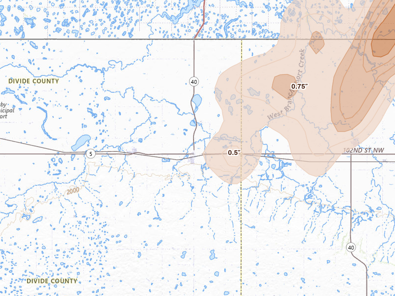 Radar-estimated hail-size map of the storm over Noonan, ND on Jun 28, 2026