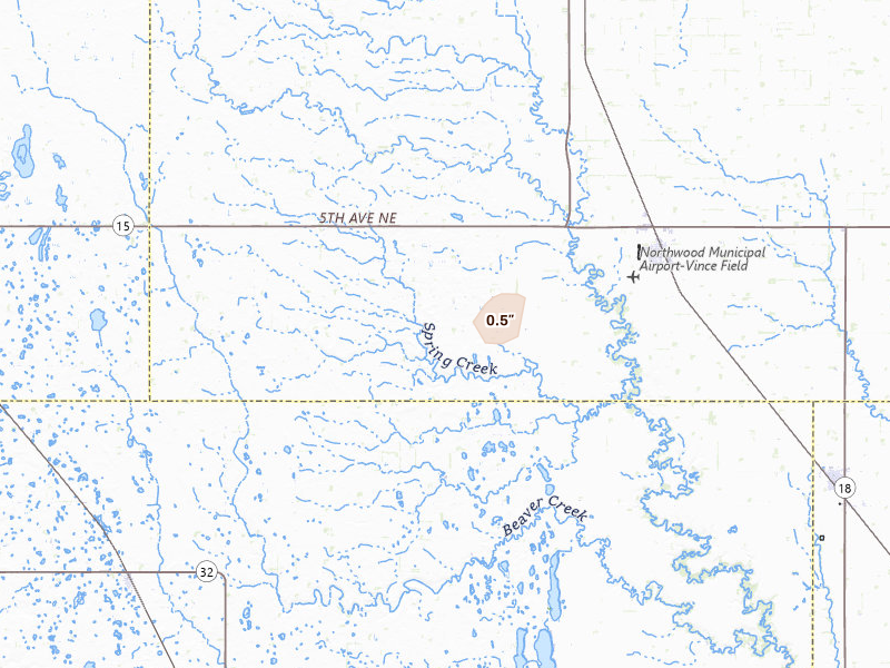 Radar-estimated hail-size map of the storm over Northwood, ND on Jun 9, 2026