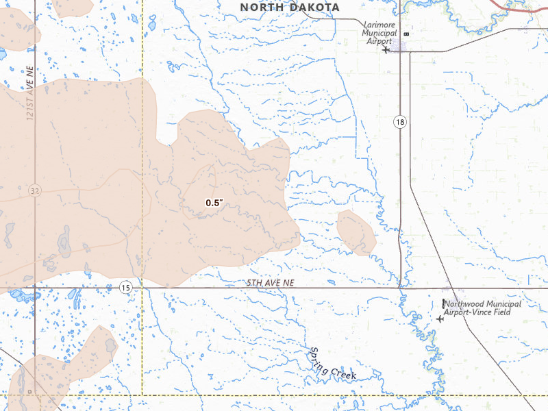 Radar-estimated hail-size map of the storm over Northwood, ND on Aug 2, 2026