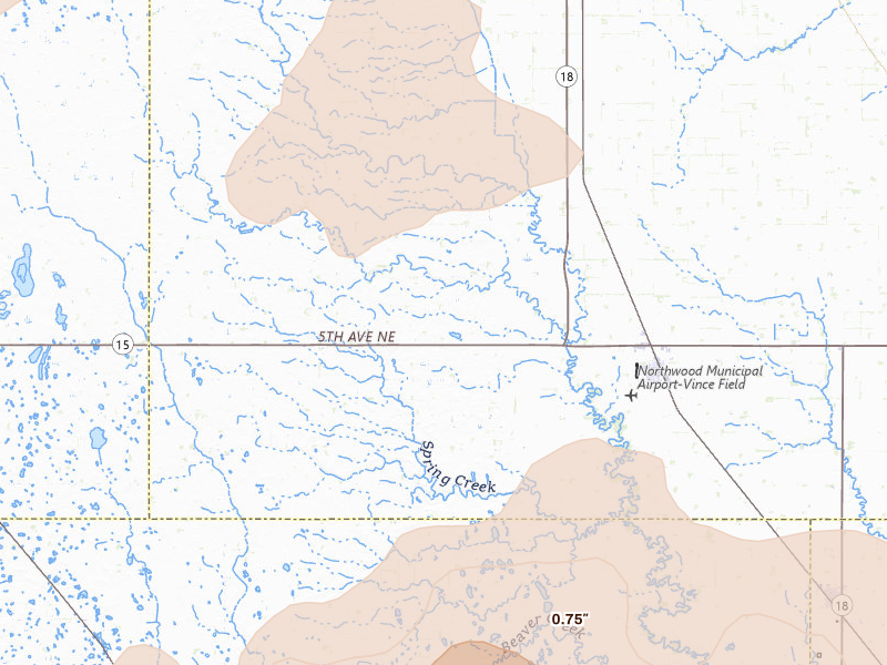 Radar-estimated hail-size map of the storm over Northwood, ND on Sep 3, 2026