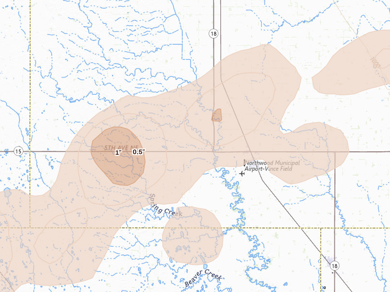 Radar-estimated hail-size map of the storm over Northwood, ND