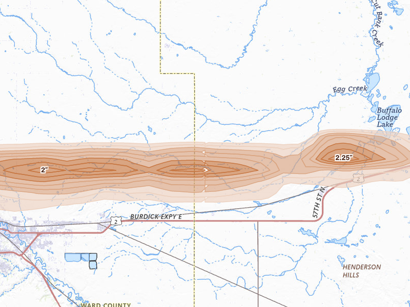 Radar-estimated hail-size map of the storm over Norwich, ND