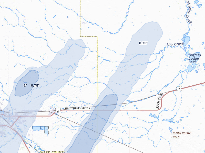 NEXRAD radar-signature map of the hail over Norwich, ND