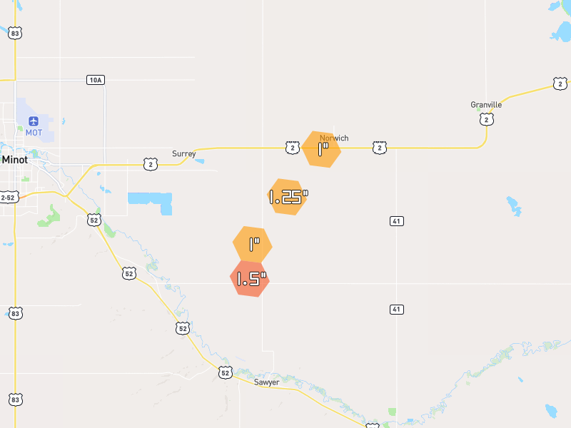 Hail map of Norwich, ND on Jun 2, 2026, hail up to 1.5"