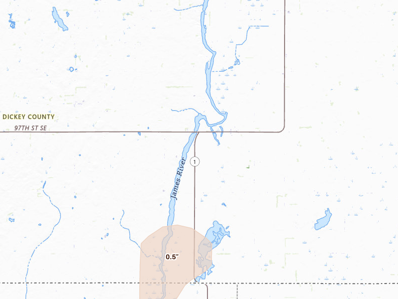 Radar-estimated hail-size map of the storm over Oakes, ND on Jun 9, 2026
