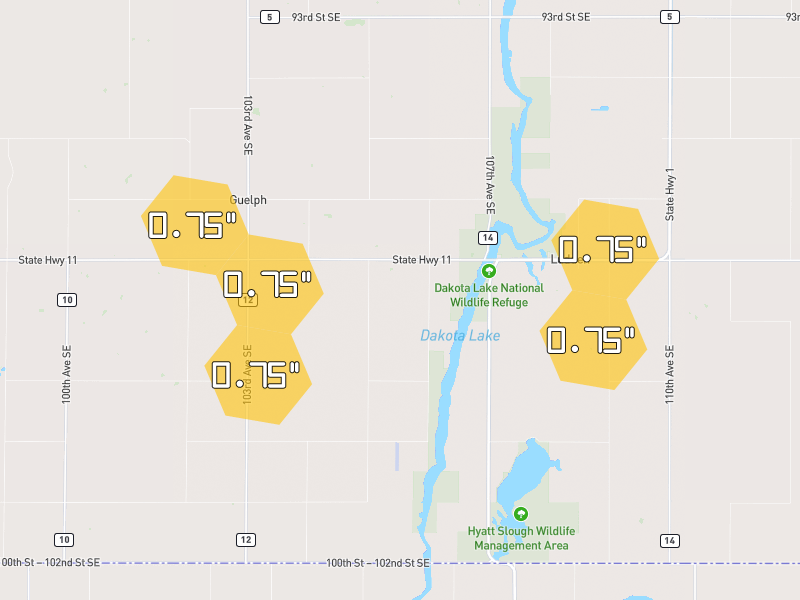 Hail map of Oakes, ND on Jun 28, 2026, hail up to 0.75"