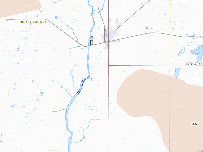 Radar-estimated hail-size map of the storm over Oakes, ND on Jul 19, 2026