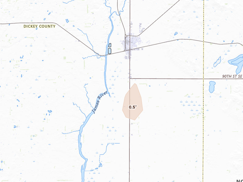 Radar-estimated hail-size map of the storm over Oakes, ND on Jul 30, 2026