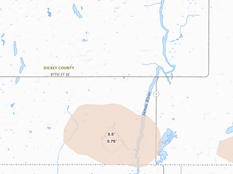 Radar-estimated hail-size map of the storm over Oakes, ND