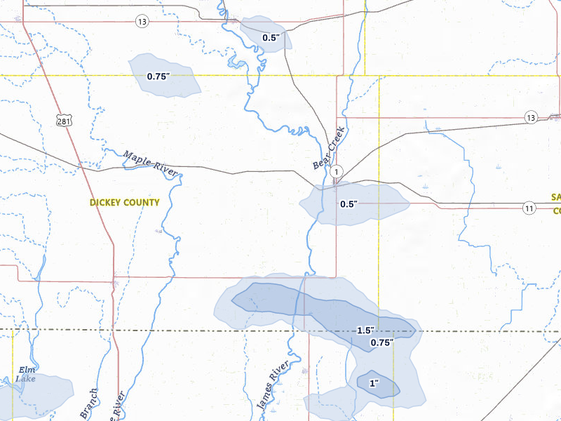 NEXRAD radar-signature map of the hail storm over Oakes, ND on Aug 2, 2026