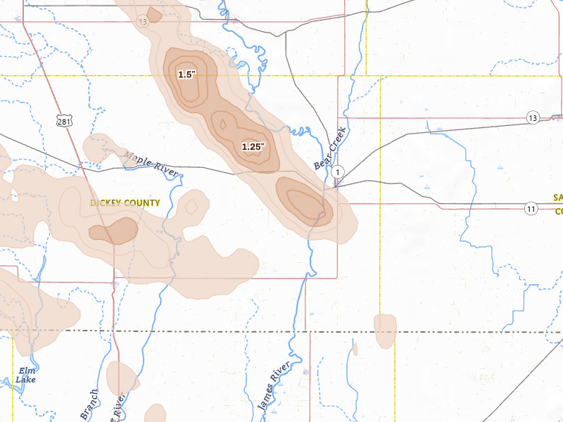 Radar-estimated hail-size map of the storm over Oakes, ND on Aug 24, 2026