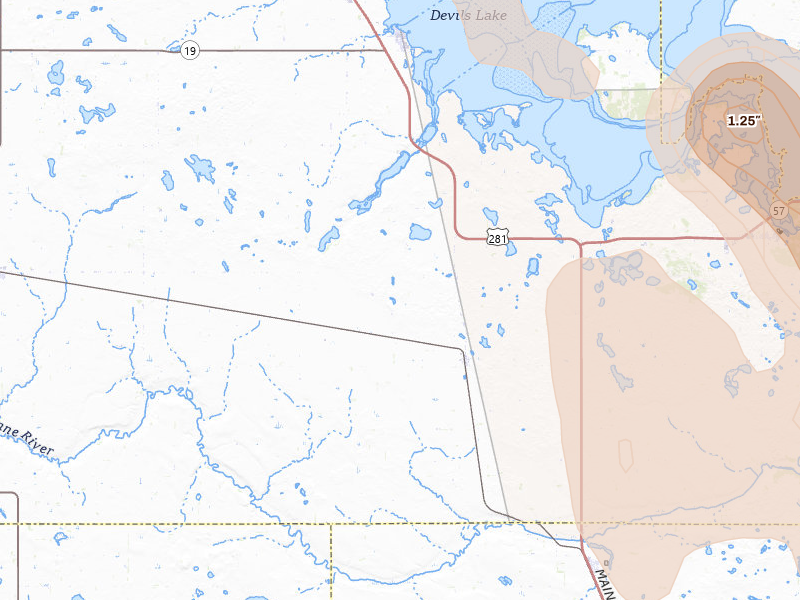 Radar-estimated hail-size map of the storm over Oberon, ND on Jul 9, 2026
