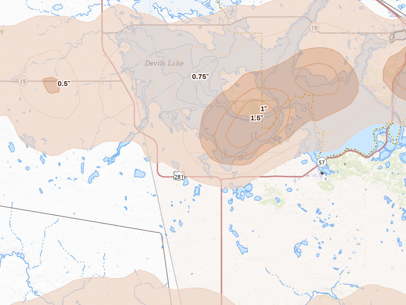 Radar-estimated hail-size map of the storm over Oberon, ND on Sep 3, 2026