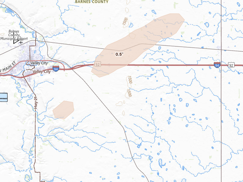 Radar-estimated hail-size map of the storm over Oriska, ND on Jun 3, 2026