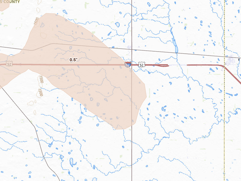 Radar-estimated hail-size map of the storm over Oriska, ND on Aug 11, 2026