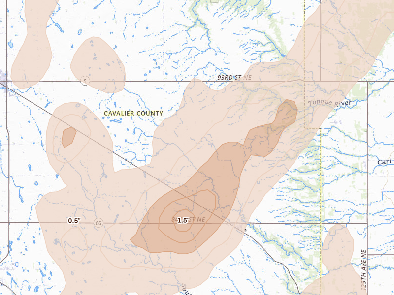 Radar-estimated hail-size map of the storm over Osnabrock, ND on Jun 2, 2026