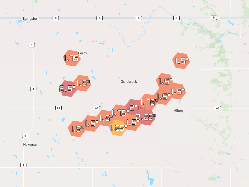 Hail map of Osnabrock, ND on Jun 2, 2026, hail up to 2.5"