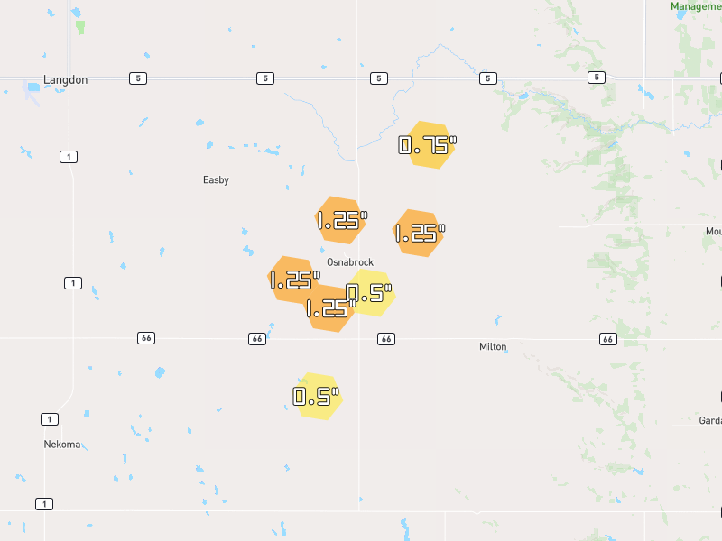 Hail map of Osnabrock, ND on Jun 3, 2026, hail up to 1.25"