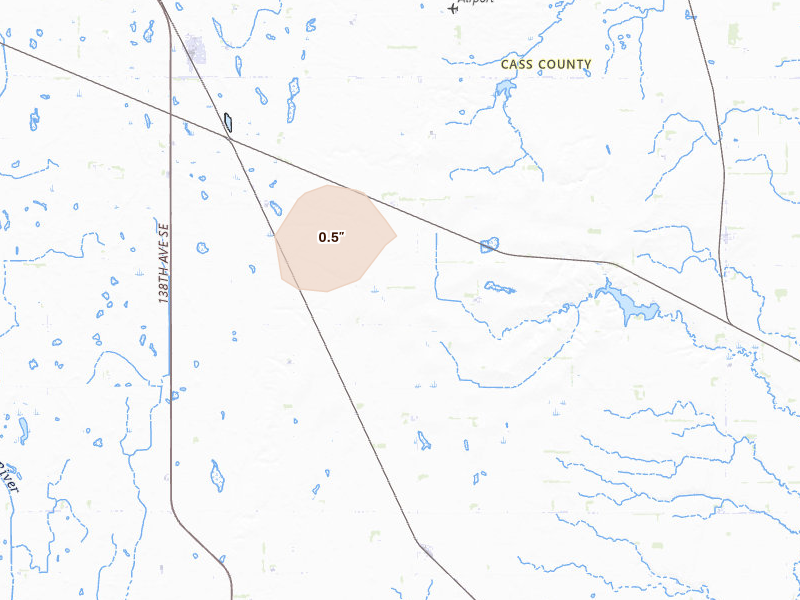 Radar-estimated hail-size map of the storm over Page, ND on Jun 10, 2026