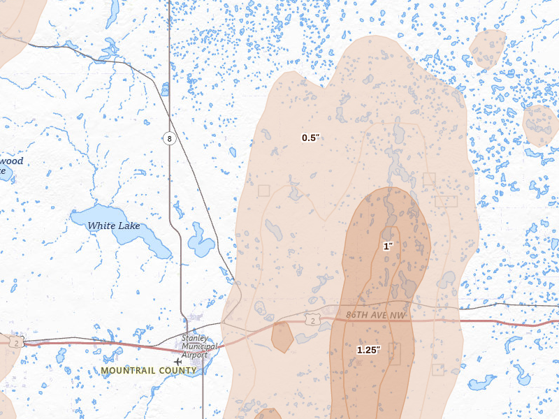 Radar-estimated hail-size map of the storm over Palermo, ND on Jun 7, 2026
