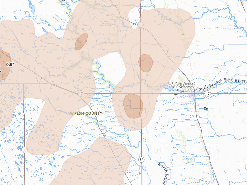 Radar-estimated hail-size map of the storm over Park River, ND on Jun 2, 2026