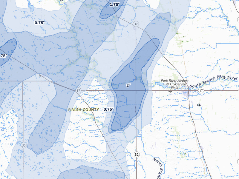 NEXRAD radar-signature map of the hail over Park River, ND