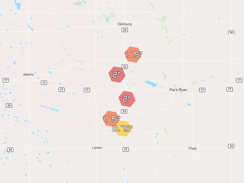 Hail map of Park River, ND on Jun 3, 2026, hail up to 2"