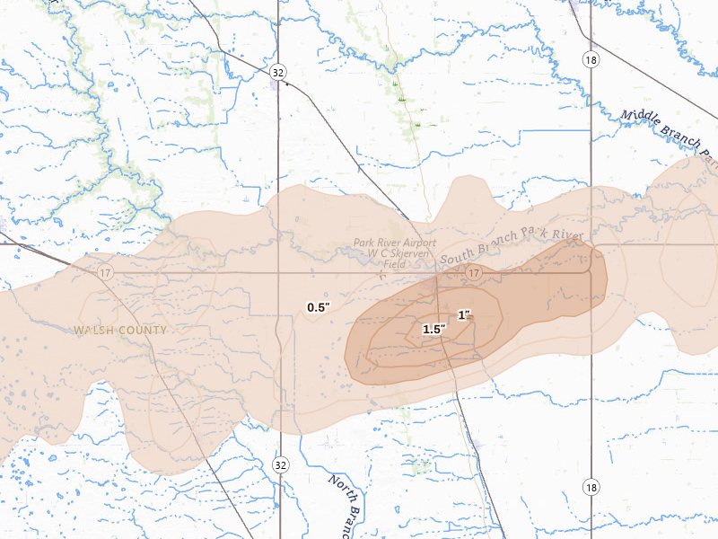 Radar-estimated hail-size map of the storm over Park River, ND