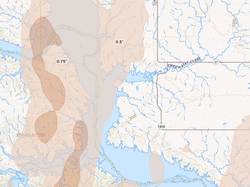 Radar-estimated hail-size map of the storm over Parshall, ND on Jun 7, 2026