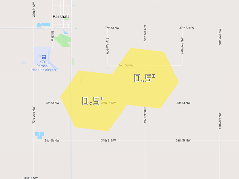 Hail map of Parshall, ND on Jun 7, 2026, hail up to 0.5"