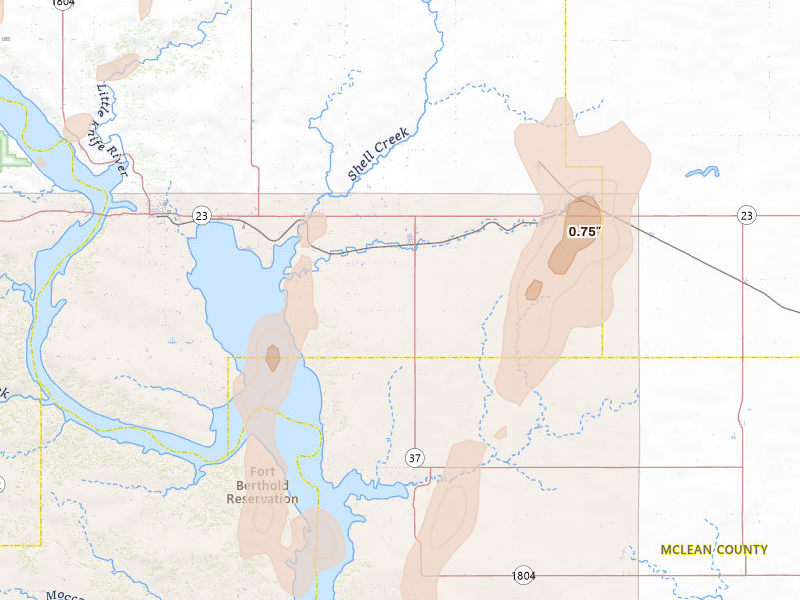 Radar-estimated hail-size map of the storm over Parshall, ND on Jun 9, 2026