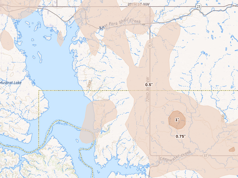 Radar-estimated hail-size map of the storm over Parshall, ND on Aug 30, 2026