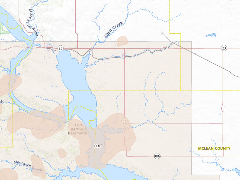 Radar-estimated hail-size map of the storm over Parshall, ND on Sep 6, 2026