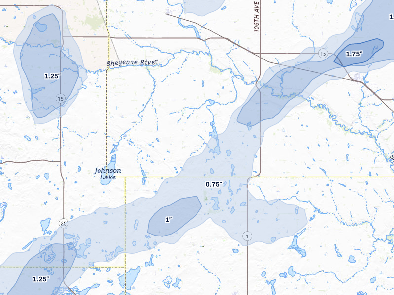 NEXRAD radar-signature map of the hail storm over Pekin, ND on Jun 29, 2026