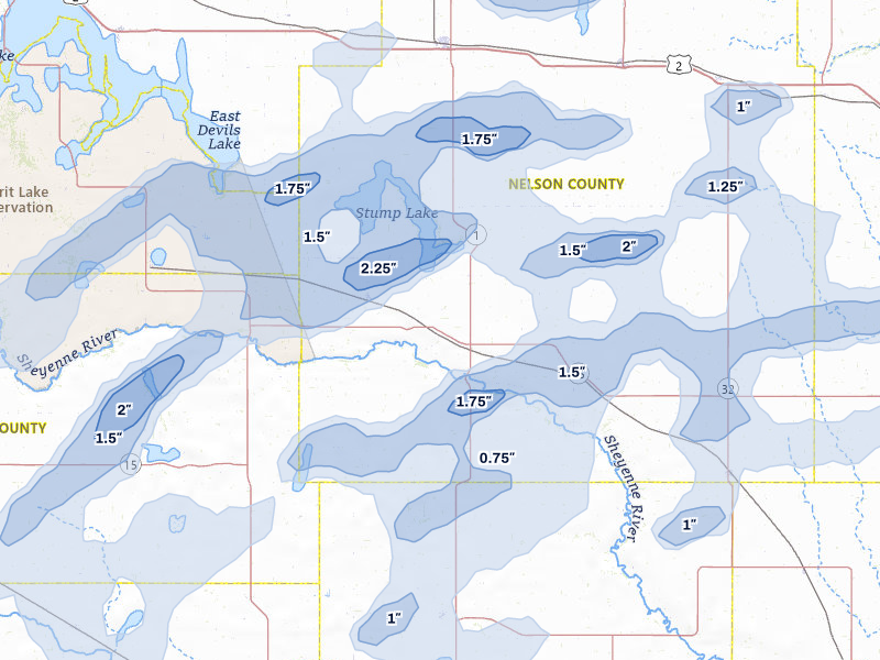 NEXRAD radar-signature map of the hail storm over Pekin, ND on Aug 2, 2026