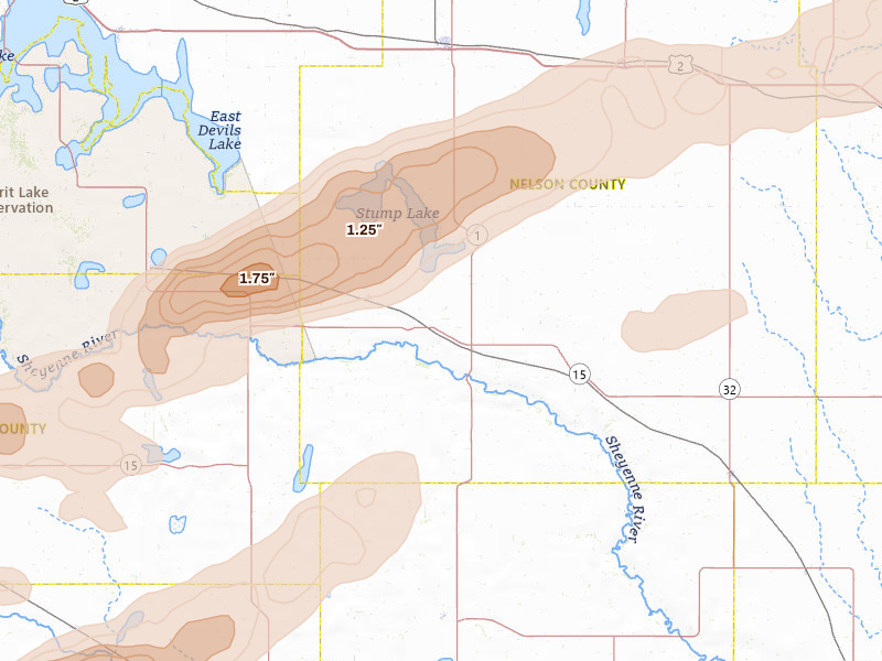 Radar-estimated hail-size map of the storm over Pekin, ND on Aug 24, 2026