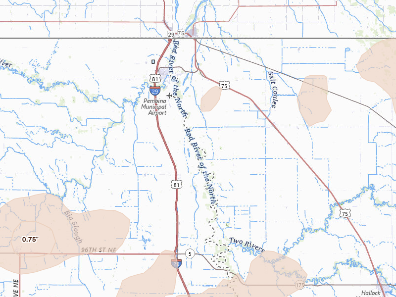 Radar-estimated hail-size map of the storm over Pembina, ND on Jun 28, 2026