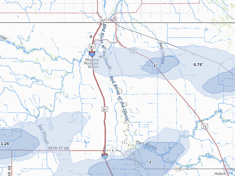 NEXRAD radar-signature map of the hail storm over Pembina, ND on Jun 28, 2026