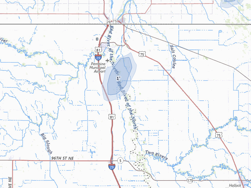 NEXRAD radar-signature map of the hail storm over Pembina, ND on Jun 29, 2026