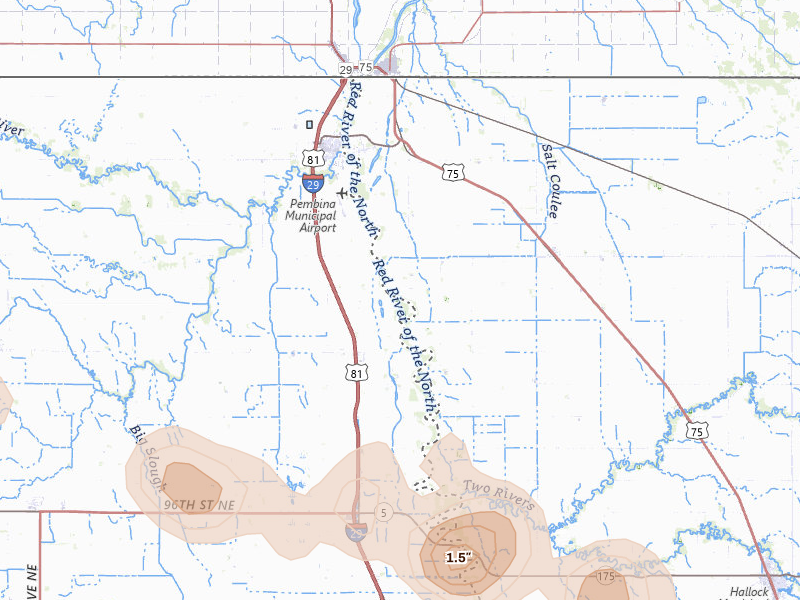 Radar-estimated hail-size map of the storm over Pembina, ND on Jul 24, 2026