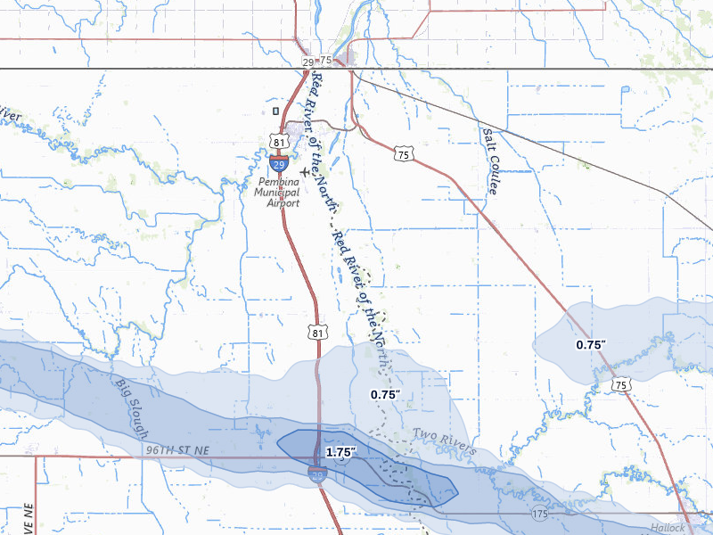NEXRAD radar-signature map of the hail storm over Pembina, ND on Jul 24, 2026