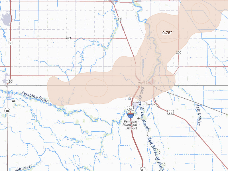 Radar-estimated hail-size map of the storm over Pembina, ND on Aug 24, 2026