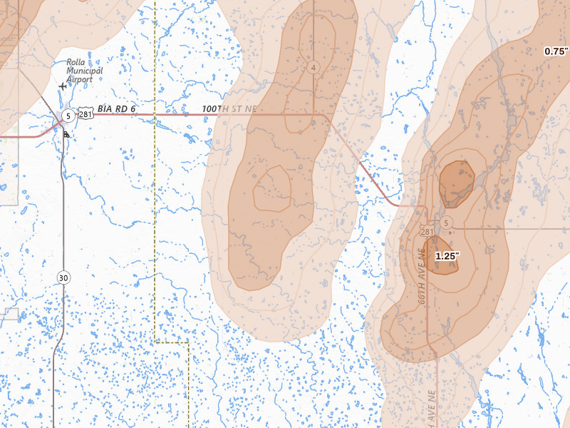 Radar-estimated hail-size map of the storm over Perth, ND on Jun 2, 2026