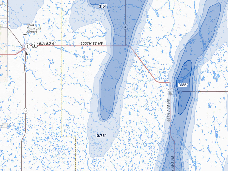 NEXRAD radar-signature map of the hail over Perth, ND
