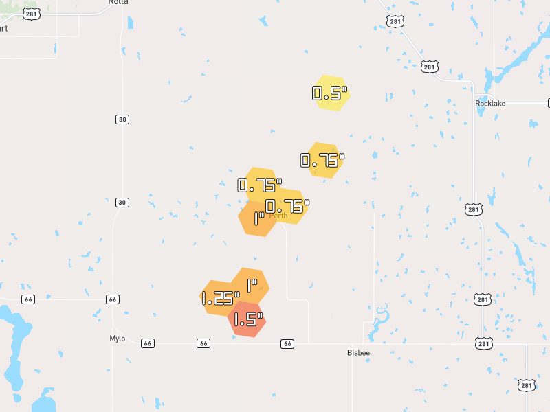 Hail map of Perth, ND on Jun 29, 2026, hail up to 1.5"