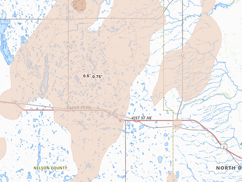 Radar-estimated hail-size map of the storm over Petersburg, ND on Jun 2, 2026
