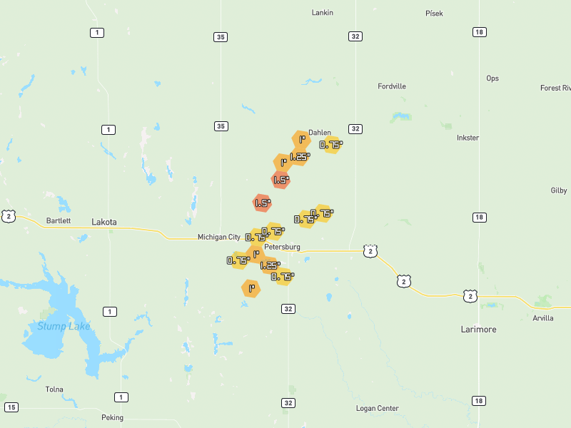 Hail map of Petersburg, ND on Jun 3, 2026, hail up to 1.5"